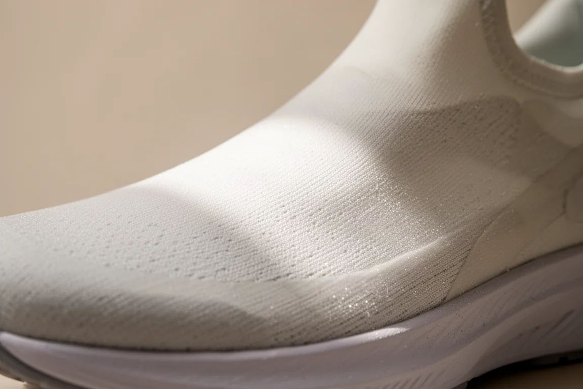 Gros plan sur une tige de chaussure de running sans couture, effet chaussette, sur une surface en béton