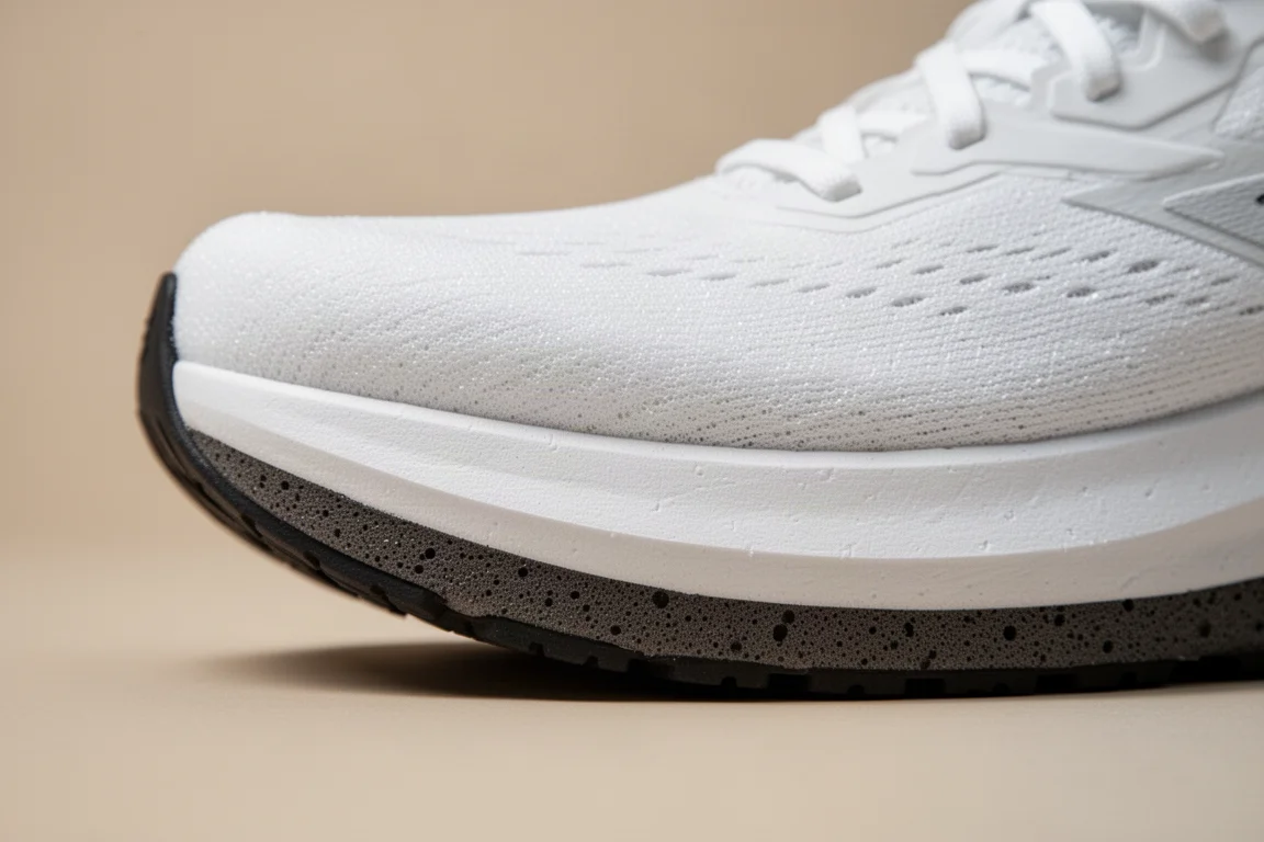 Vue en coupe d'une semelle intermédiaire épaisse et amortissante de chaussure de running