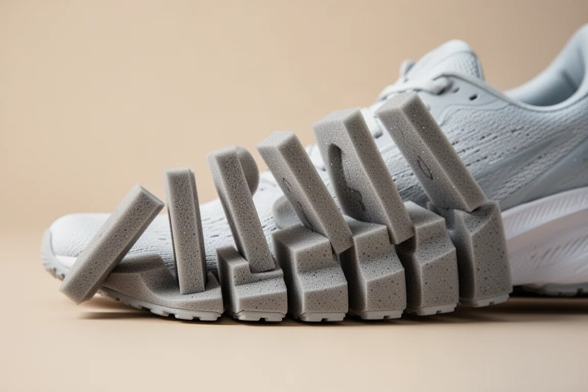 Close-up van de tussenzool van een hardloopschooen met opeenvolgende instortende foamsegmenten