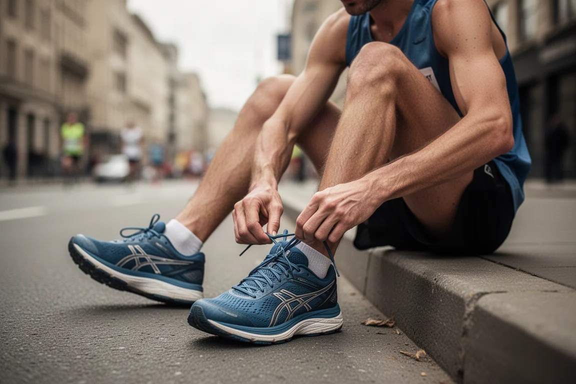 Hardloper rustend op een stoeprand tegen het einde van een lange marathoninspanning, schoenen scherp op de voorgrond