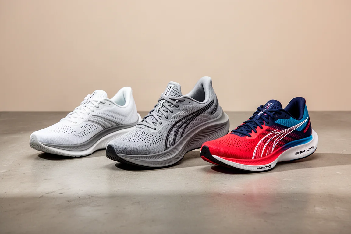 Three On running shoes arranged on a concrete surface showing the lineup
