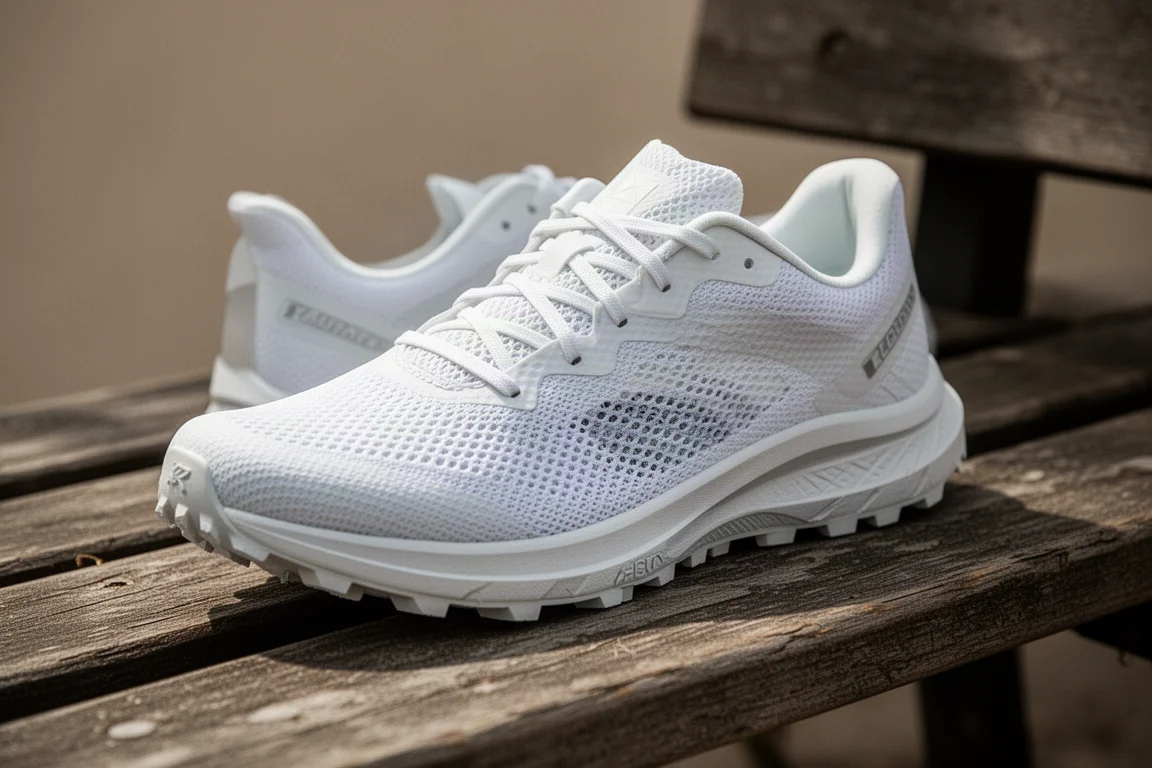 Detalle del upper blanco de una zapatilla de trail con malla texturizada sobre un banco de madera