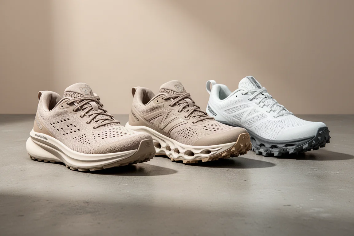 Three On Running shoes: two cushioned road trainers and a white trail shoe on concrete