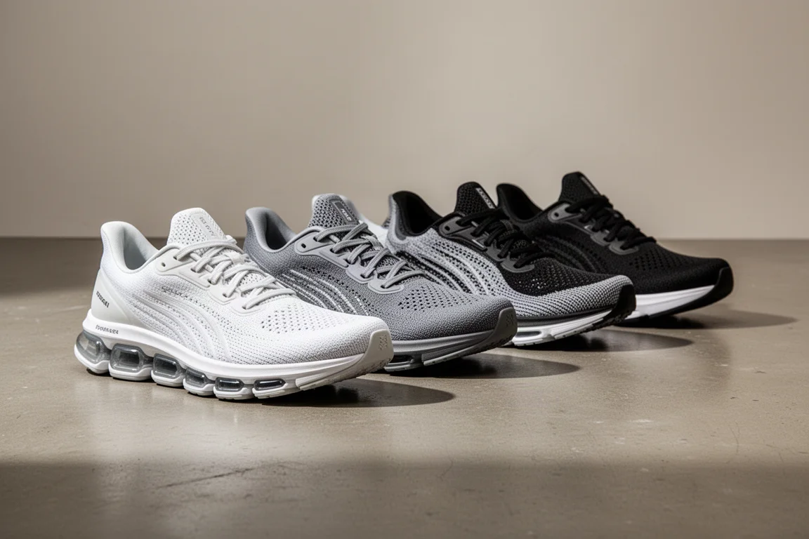 Row of modern running shoes with segmented cushioning midsoles on a concrete studio floor