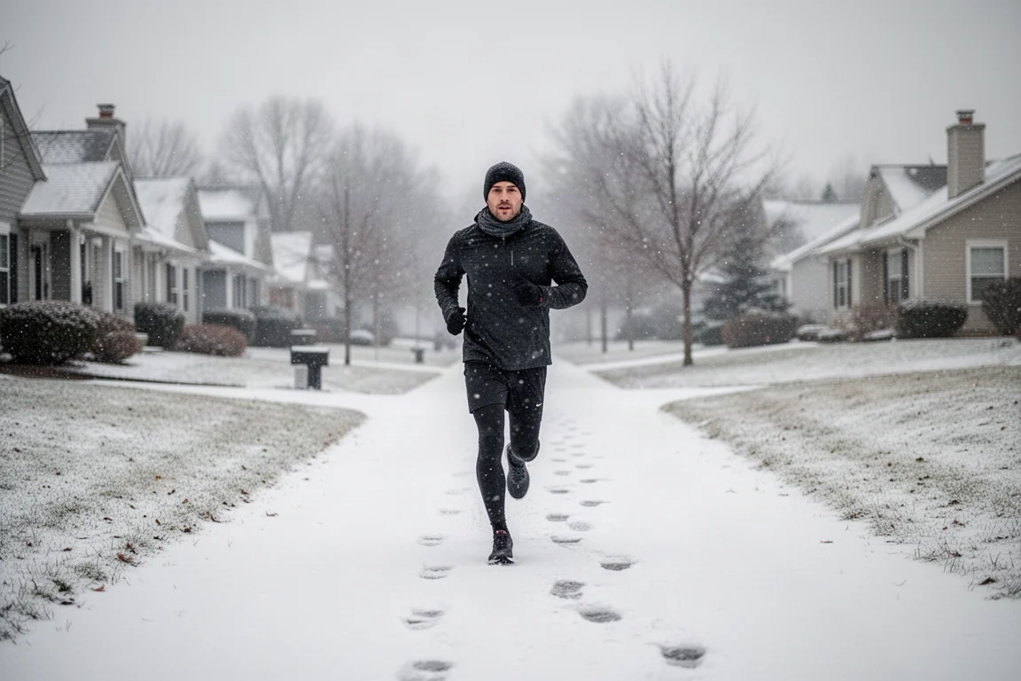Hardloper die door lichte sneeuw loopt op een buitenwijkpad