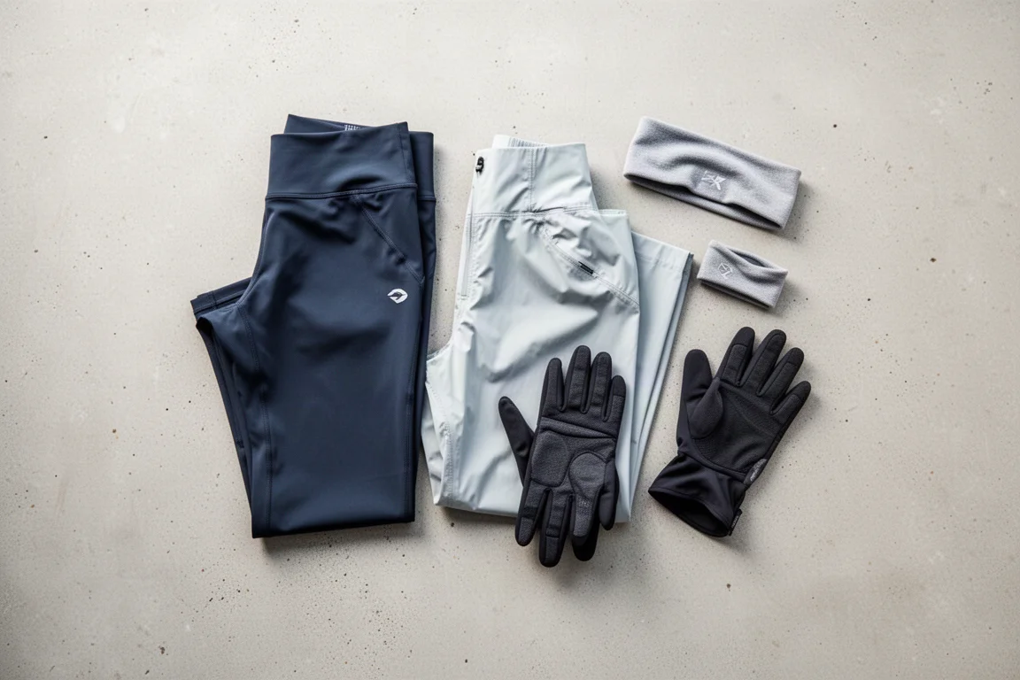 Uitgebreide hardloopkleding voor koud weer op een neutrale ondergrond