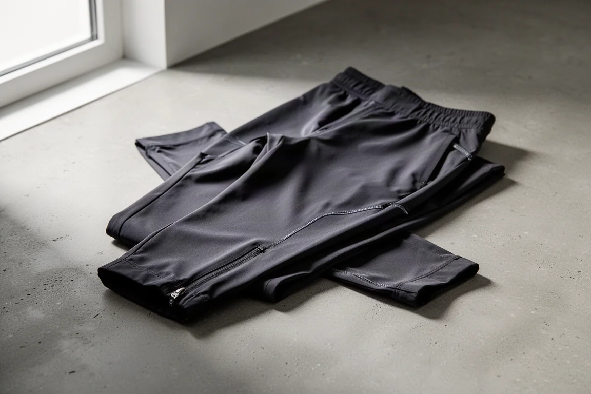 Lightweight running windbreaker pants with ankle zippers folded on concrete