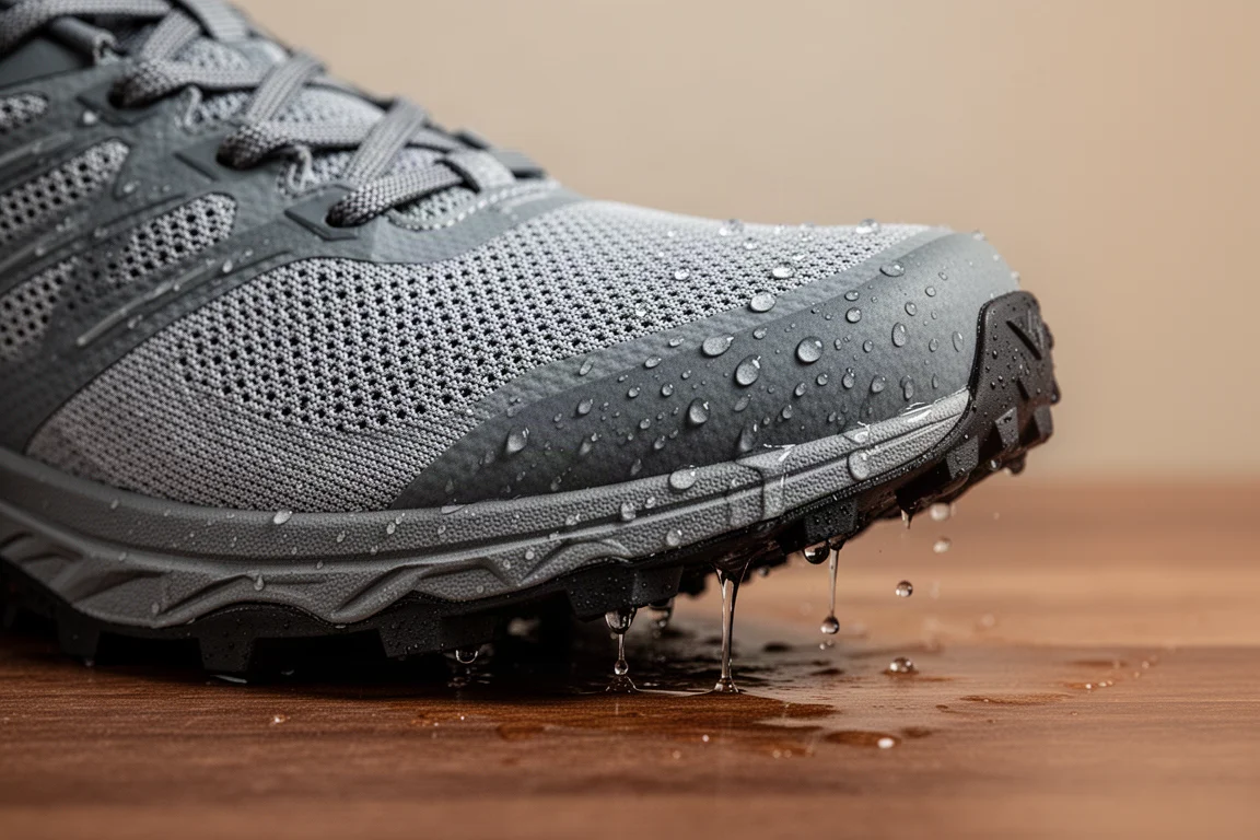 Cabedal de mesh respirável de tênis de trail com água pingando pela borda