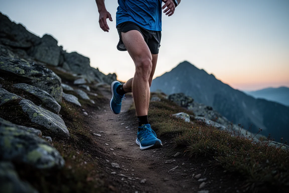 Trail runner subindo um percurso de corrida de montanha em ritmo rápido ao entardecer
