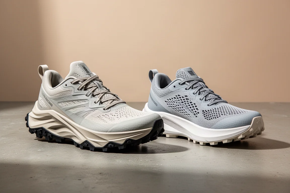 Two On trail running shoes side by side on a concrete surface