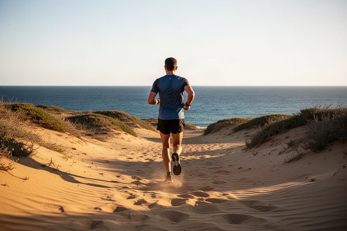 Runner on sandy coastal trails beside a blue sea in bright sunshine