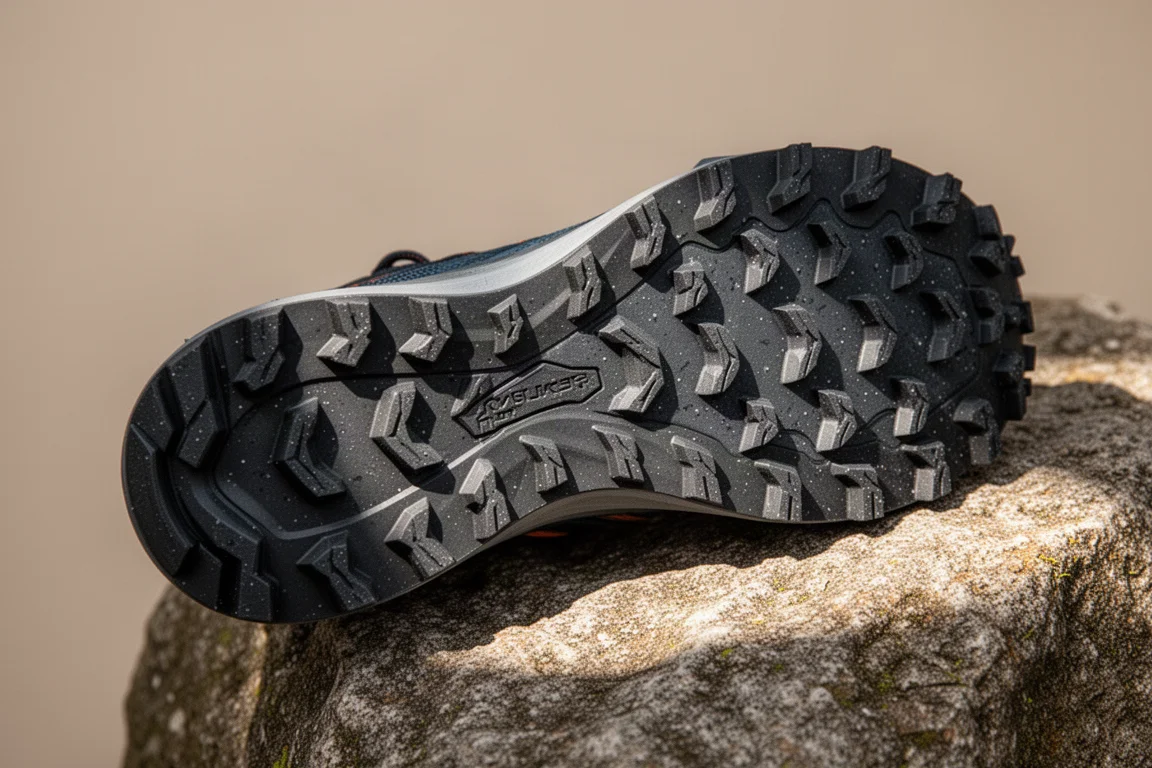 Close-up of a trail shoe outsole with deep lugs and sticky rubber compound