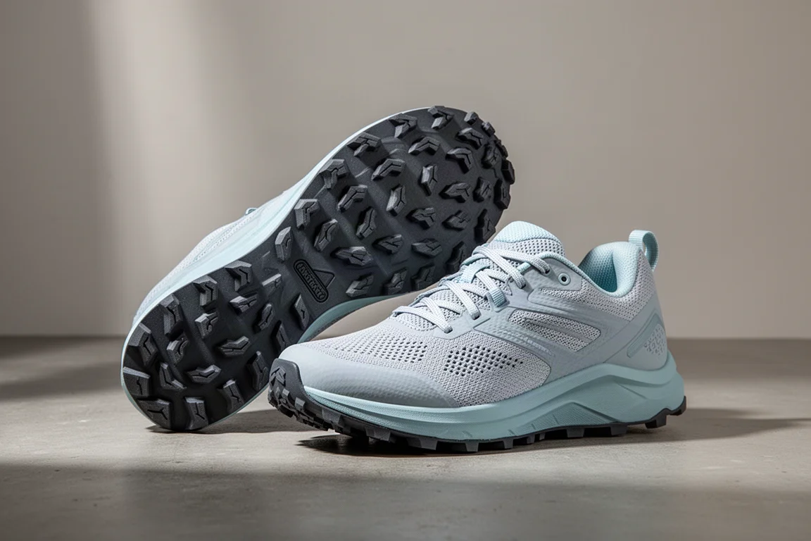 Pair of light gray trail running shoes showing mesh upper and lugged outsole