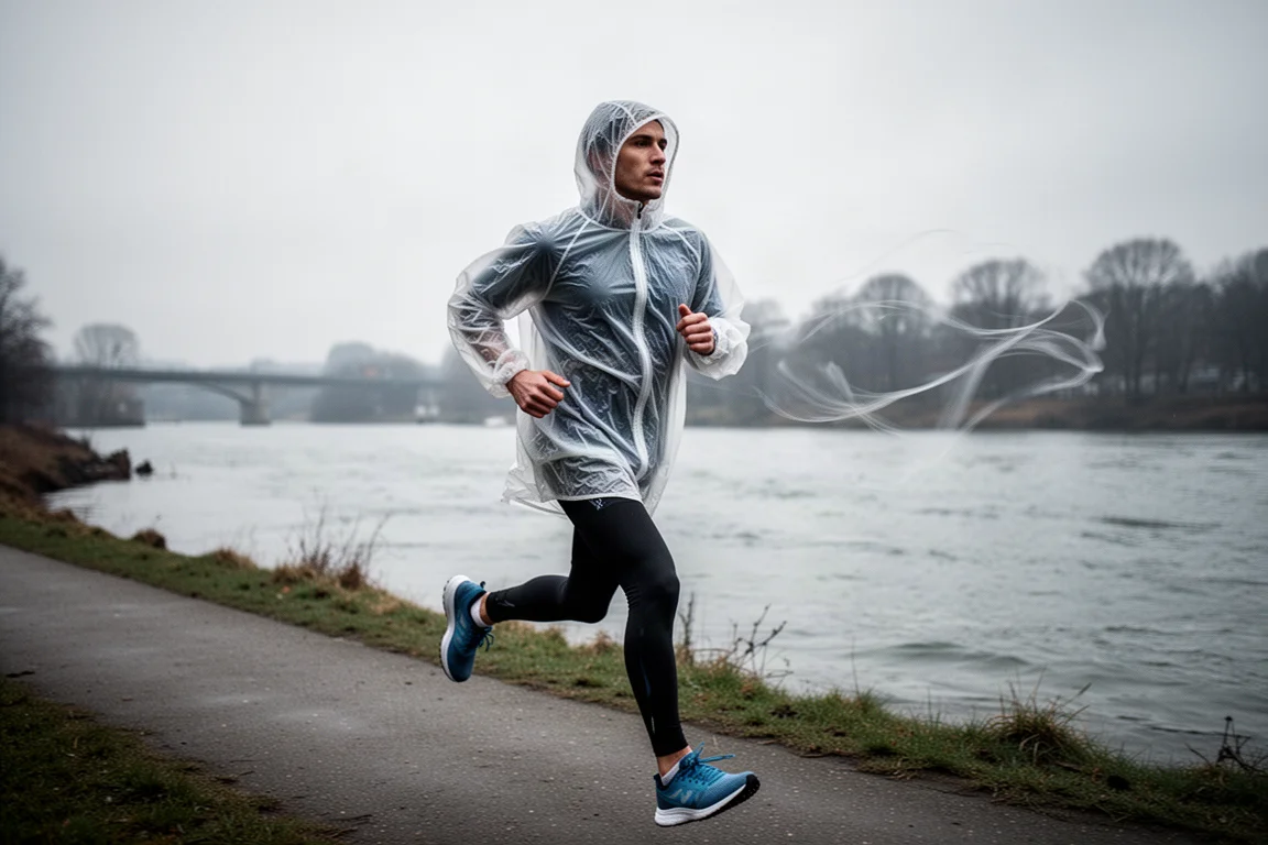 Runner on a river path under overcast skies with cool wind