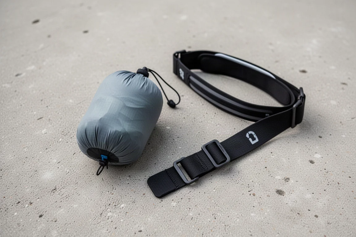 Ultralight jacket rolled into a small bundle beside a running belt