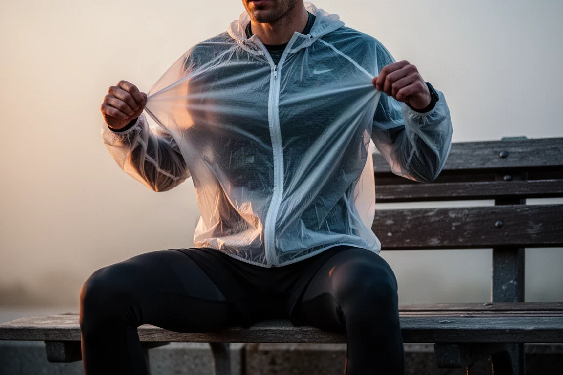 Runner resting outdoors after a long run as evening light cools