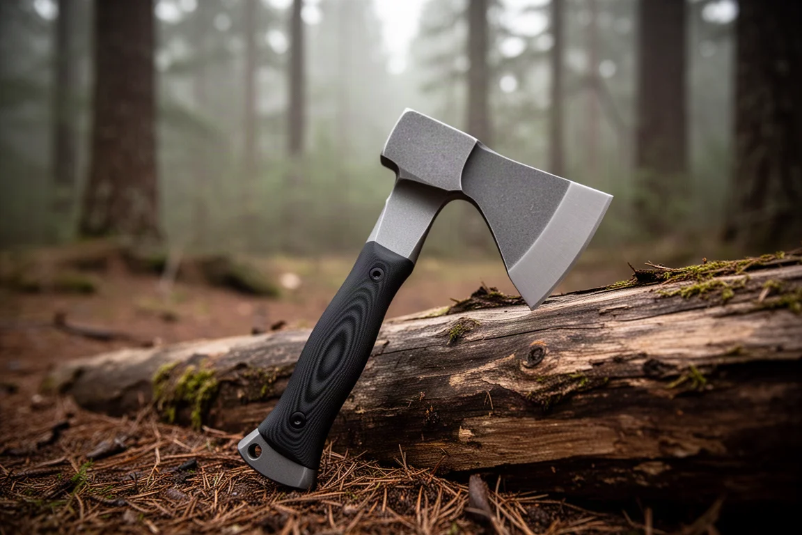 Herramienta estilo tomahawk apoyada sobre un tronco desgastado en un claro del bosque