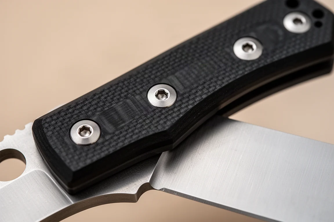 Primer plano de cachas negras de G10 con tres pernos de acero en una herramienta tipo hawk