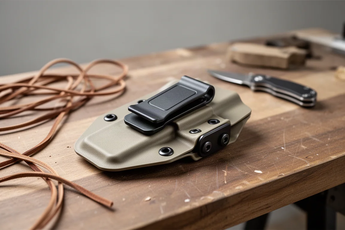Funda de Kydex moldeado con clip de cinturón y puntos de anclaje sobre un banco de madera