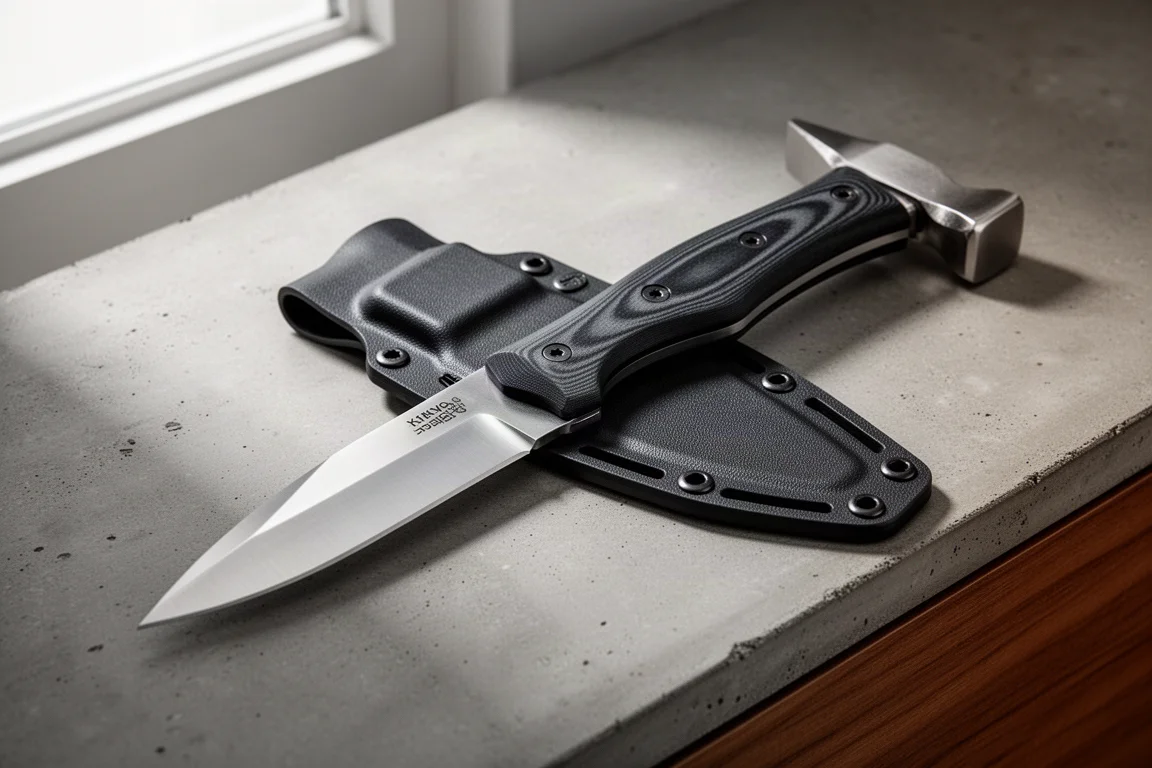 Tomahawk-style tool with Kydex sheath exposing hammer head on concrete surface
