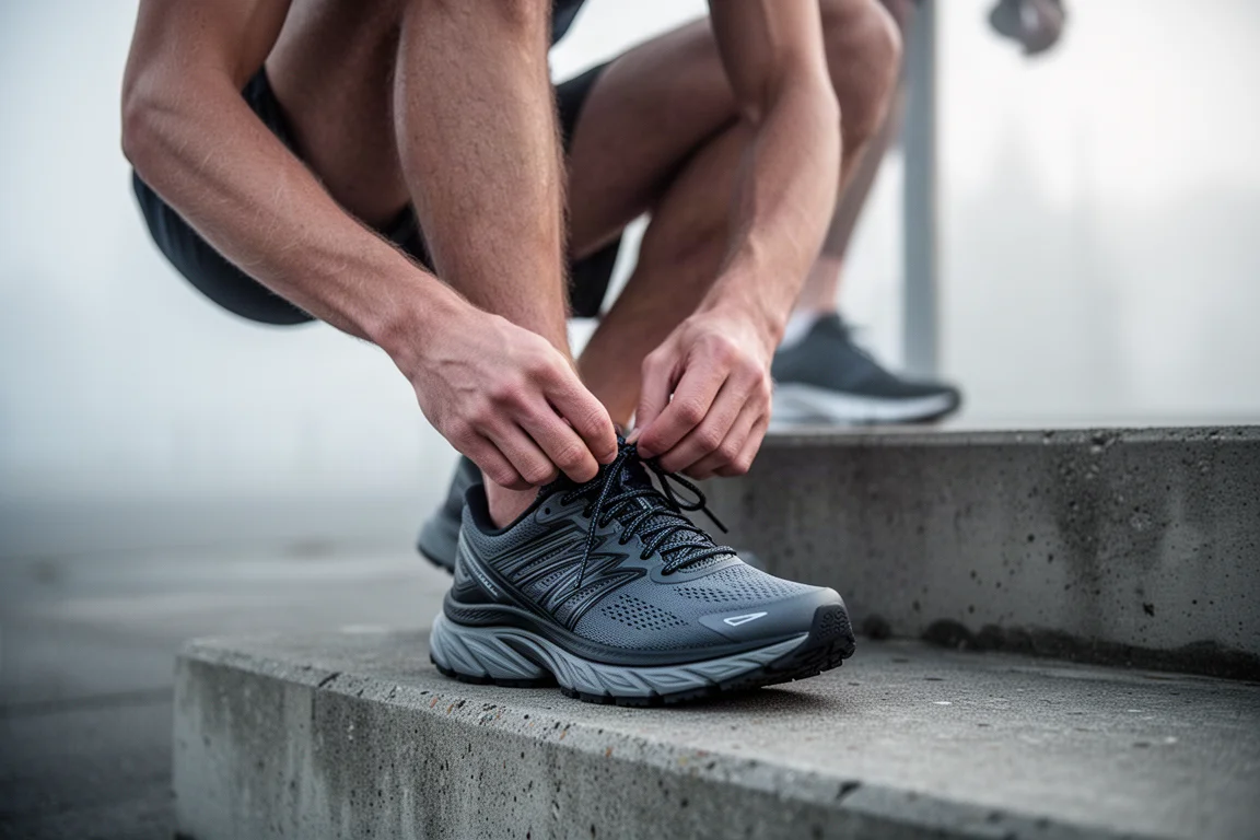 Runner lacing up thick-soled running shoes before an early morning run