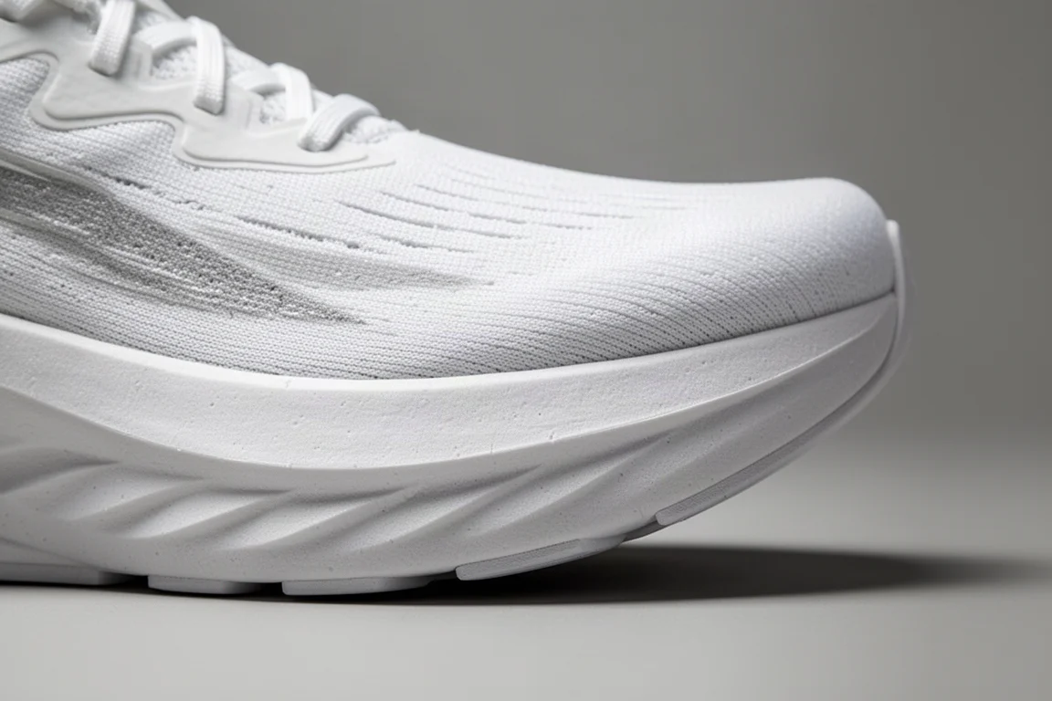 Close-up of a thick running shoe midsole showing foam layering and curved rocker shape