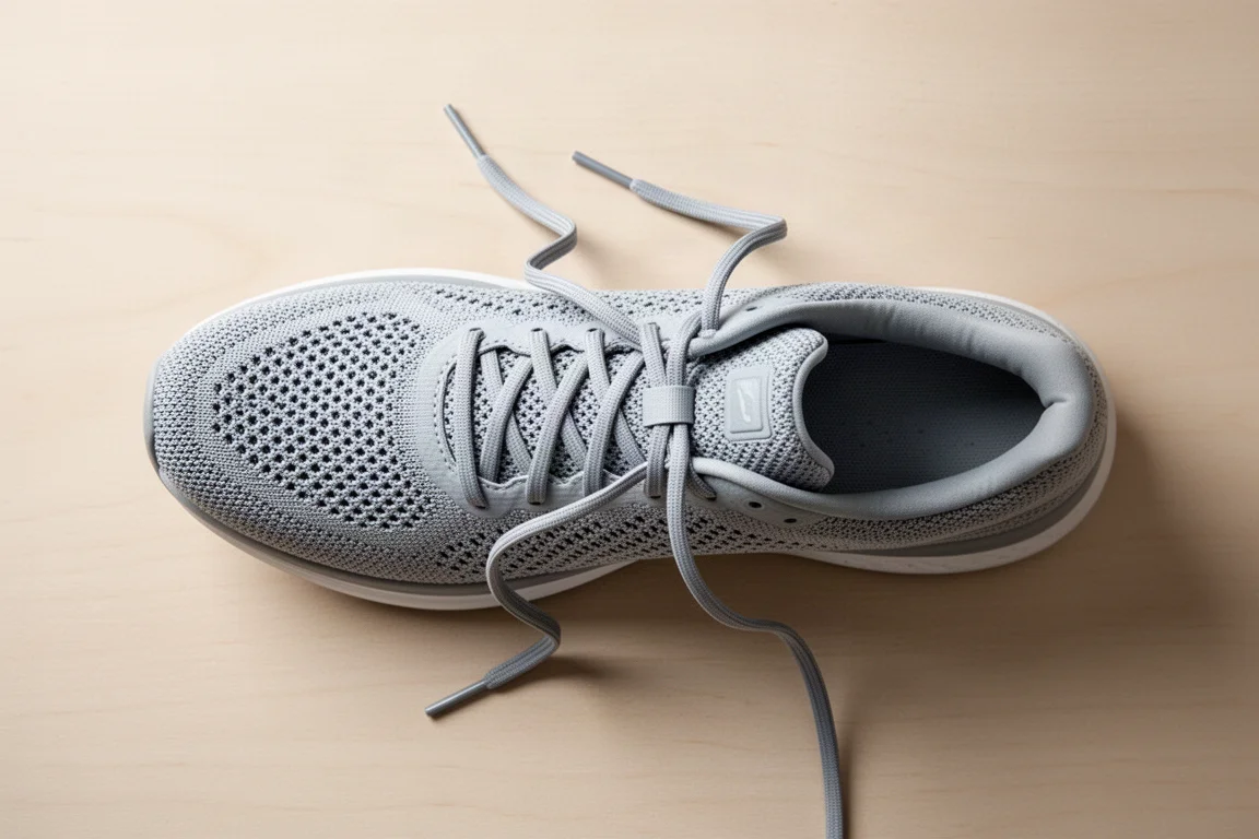 Overhead view of an airy knit running shoe upper with laces loosened