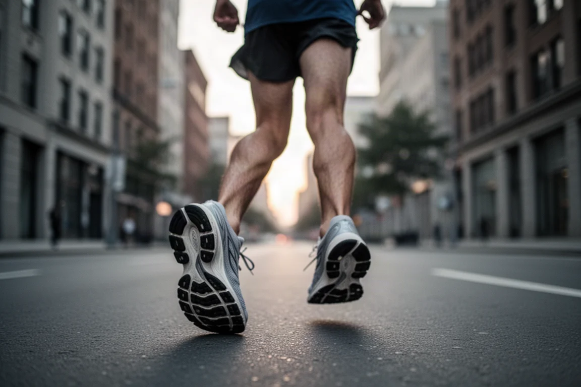 Runner striding down a city street in max cushion running shoes