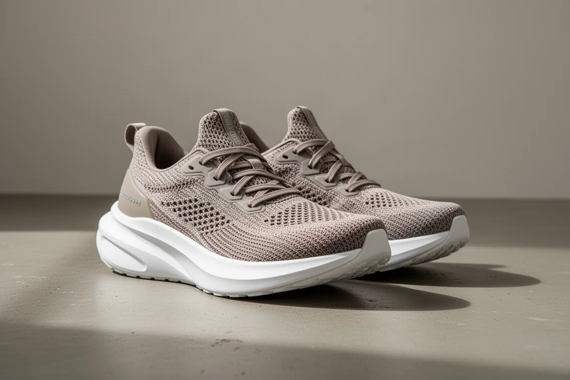 Pair of max cushion running shoes with thick white midsoles on concrete surface