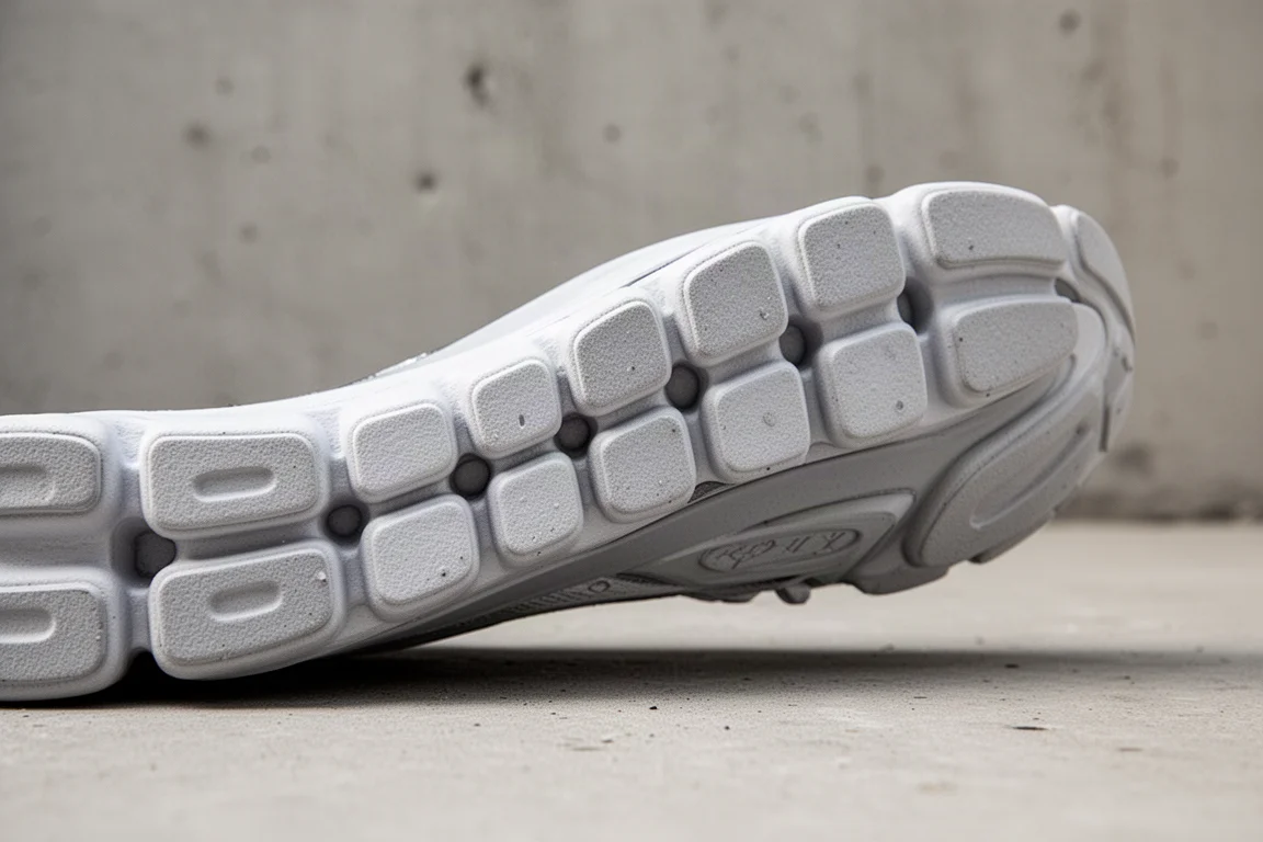 Close-up of a thick segmented running shoe midsole showing cushioning elements