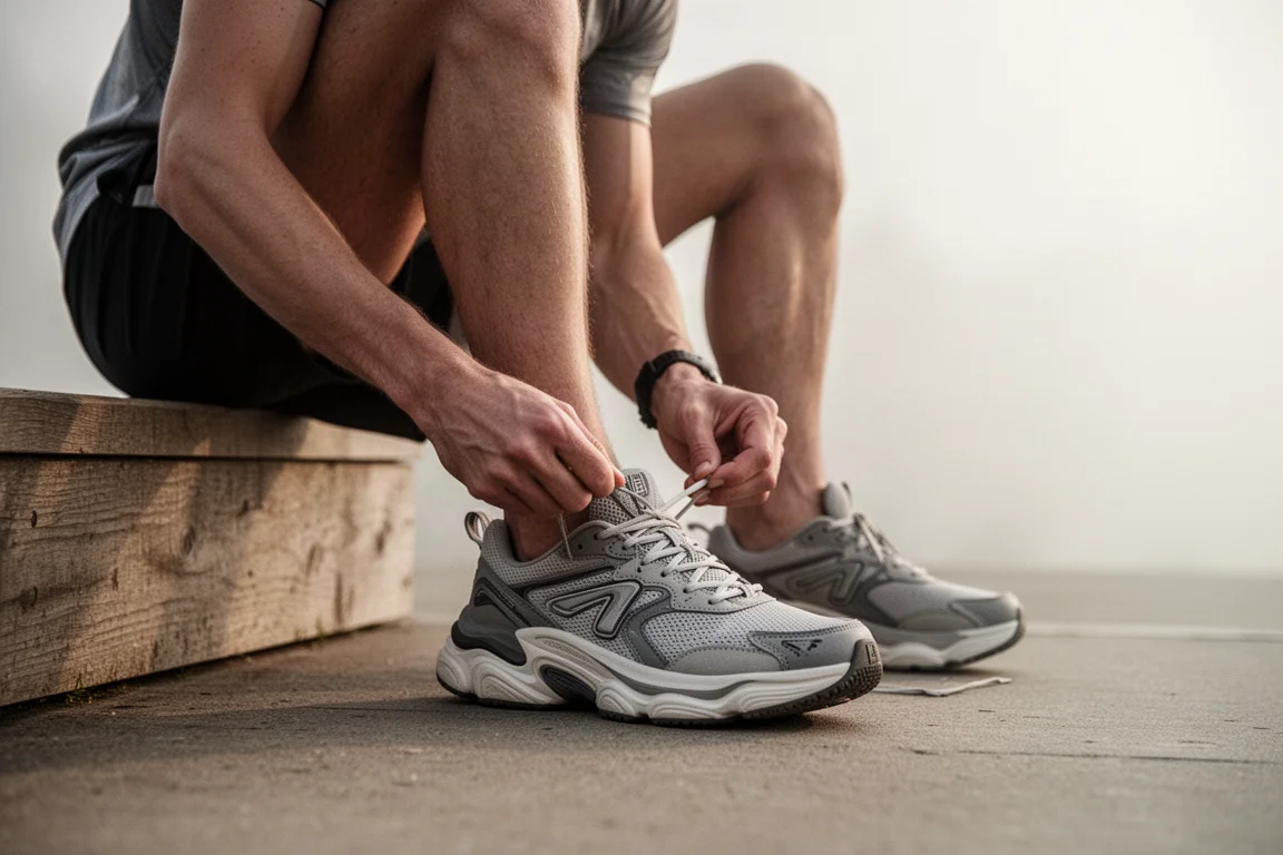 Runner lacing up a running shoe on a doorstep before a morning run