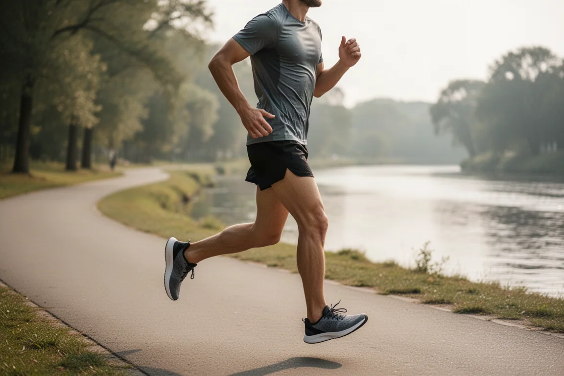 Runner on a paved river path holding a steady cruising pace