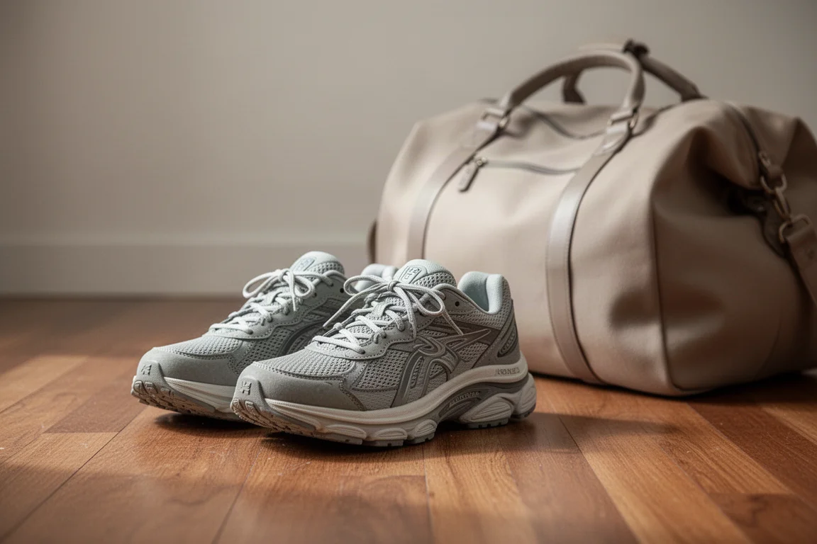 Pair of running shoes resting on a wooden floor beside a travel bag