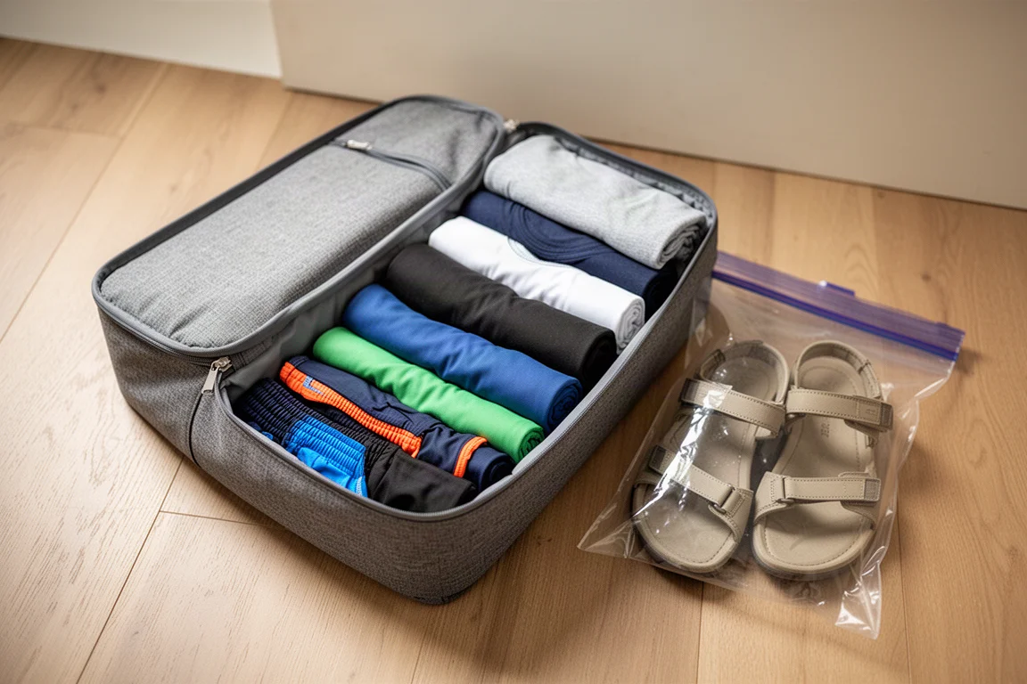 Overhead view of a single packing cube holding neatly rolled synthetic clothing
