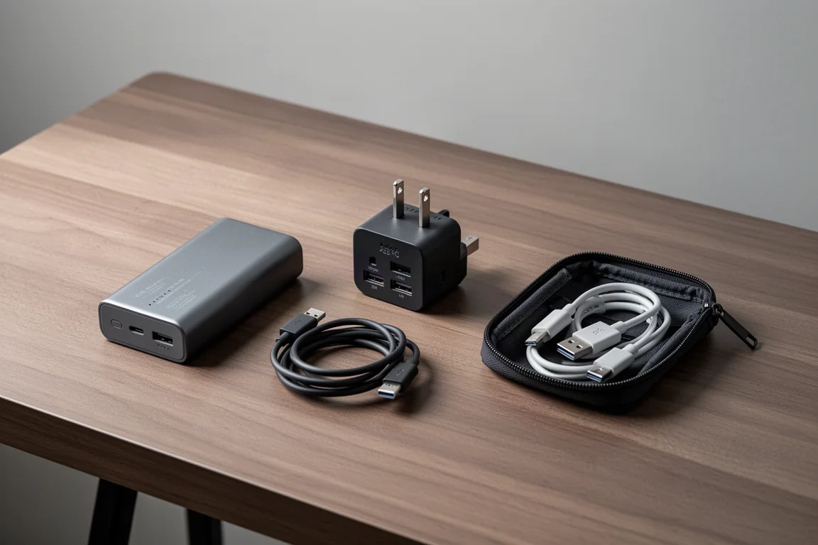 Minimalist electronics kit with battery pack, adapter and cables on a desk