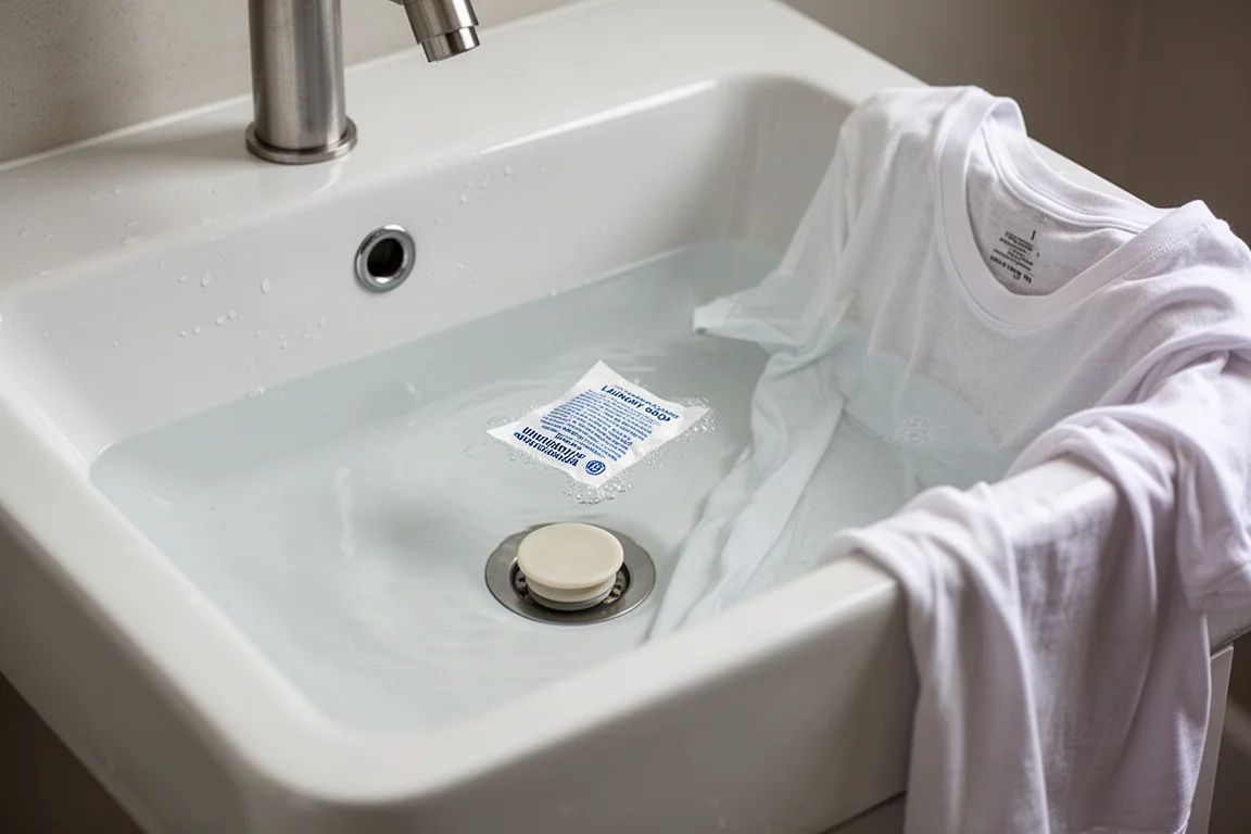 Sink laundry setup with universal stopper and dissolving soap sheet