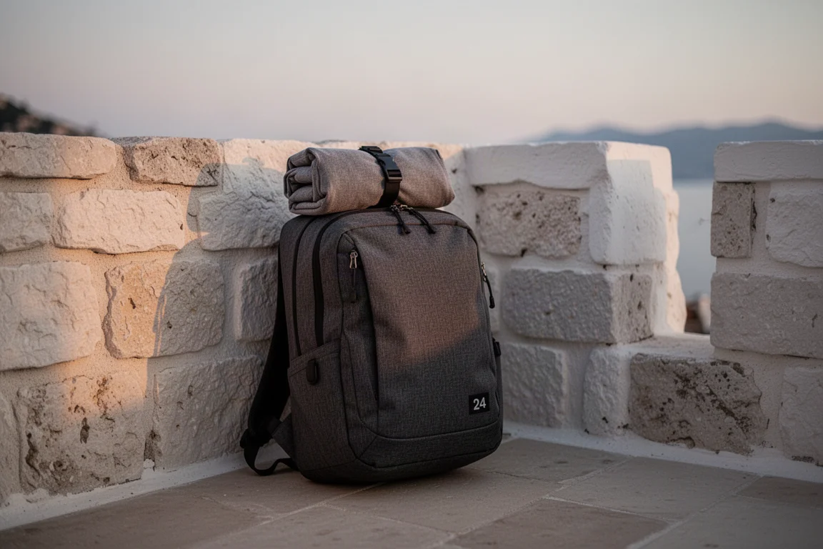 Traveler's backpack and compact day pack resting on a stone terrace at dusk