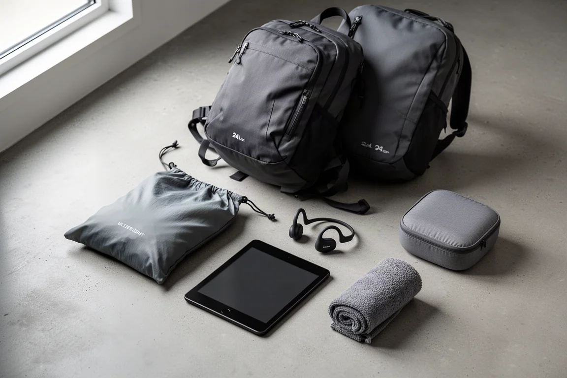 Flat-lay of minimalist travel gear including backpack, day pack, e-reader and headphones