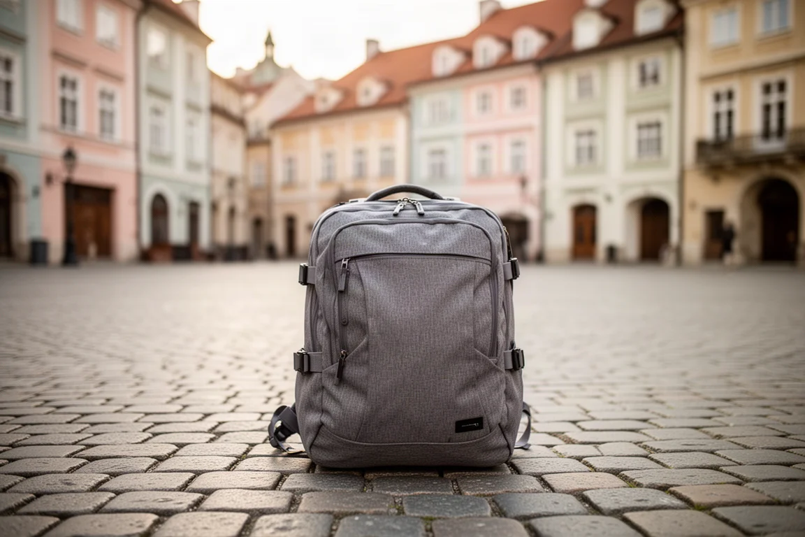 Uma mochila de viagem de 27 L apoiada sobre paralelepípedos em uma praça de cidade antiga europeia