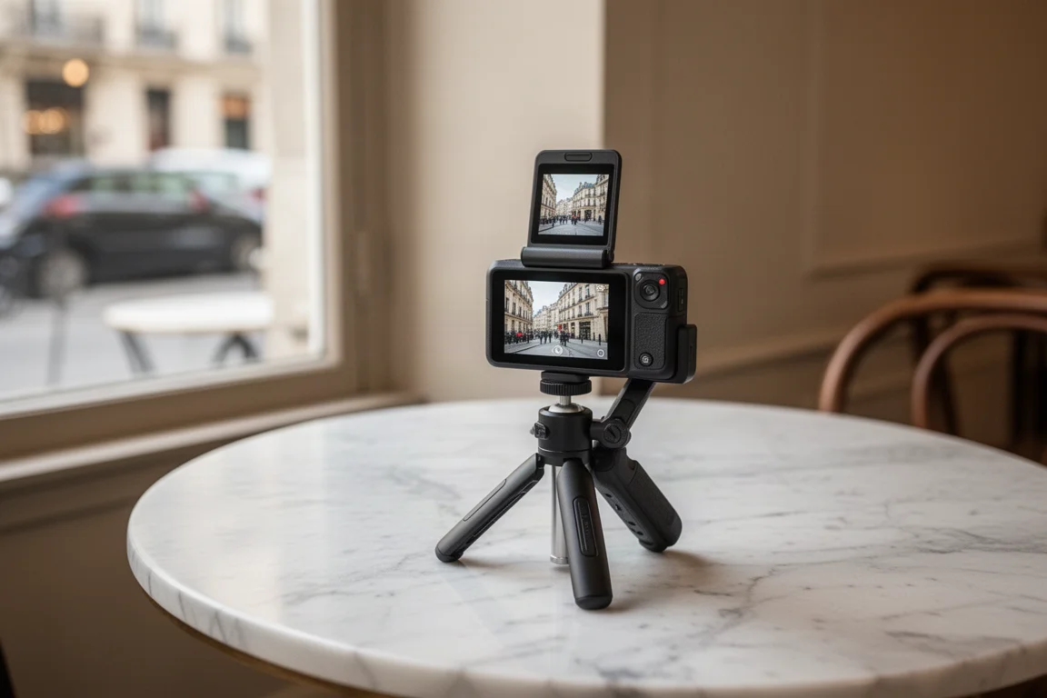 Câmera compacta de vlog com tela pequena articulada sobre a mesa de um café