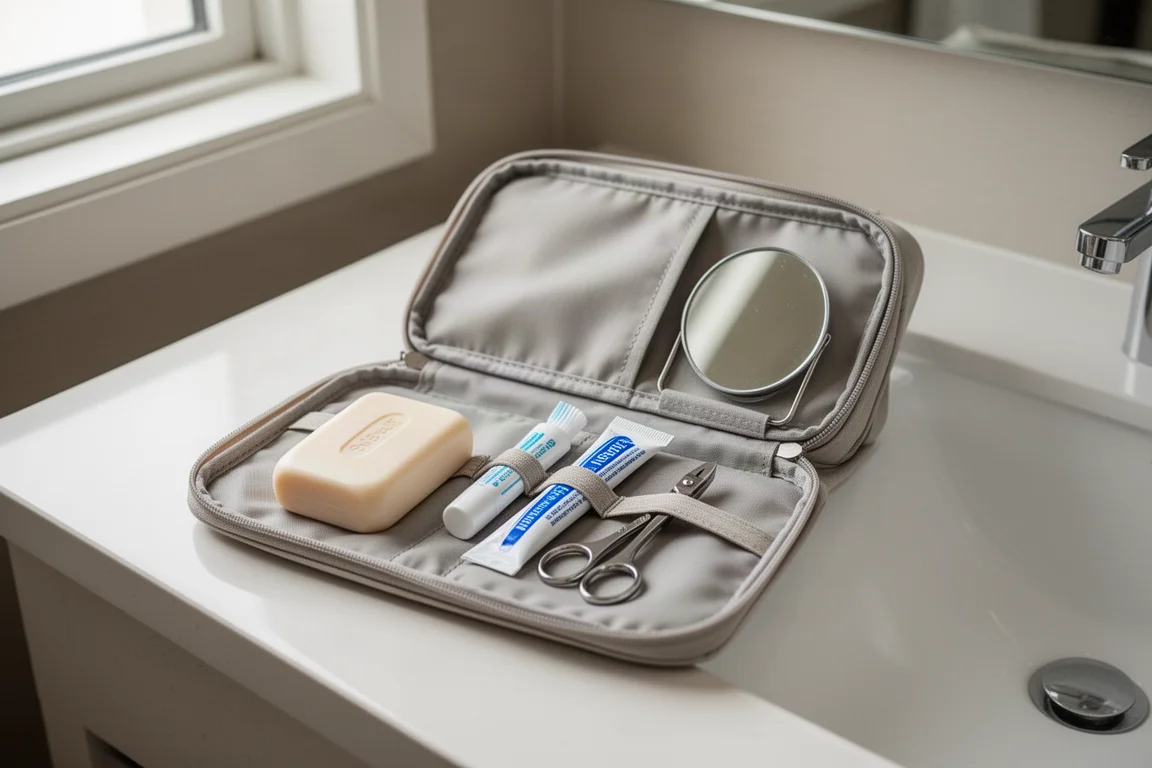 Uma necessaire leve aberta sobre o balcão de um banheiro, completamente cheia