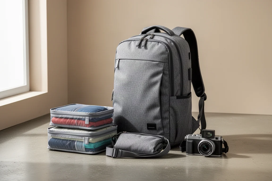 Grey carry-on travel backpack with packing cubes, sling, and compact camera on concrete floor