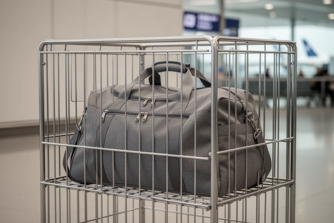 Zachte reisduffel wordt getest in de personal-item-meetbox van een luchtvaartmaatschappij