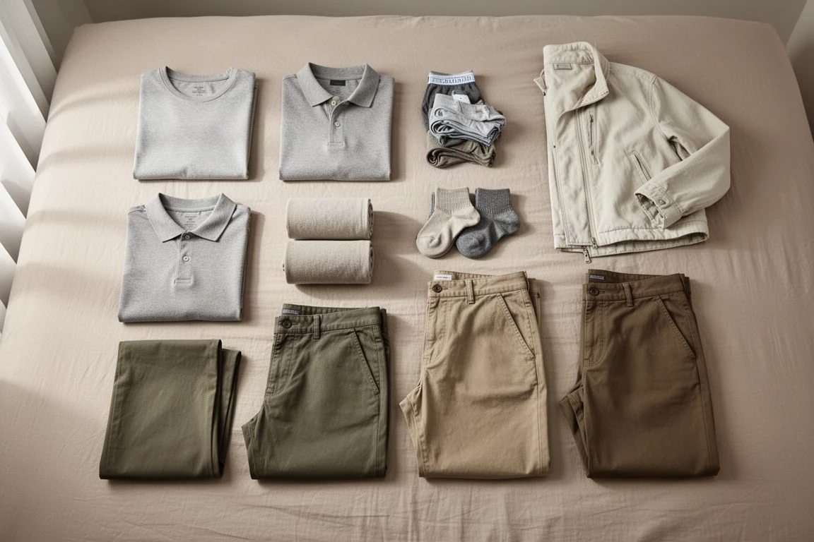 Gevouwen kleding netjes uitgestald op een bed voordat het in een cube wordt ingepakt