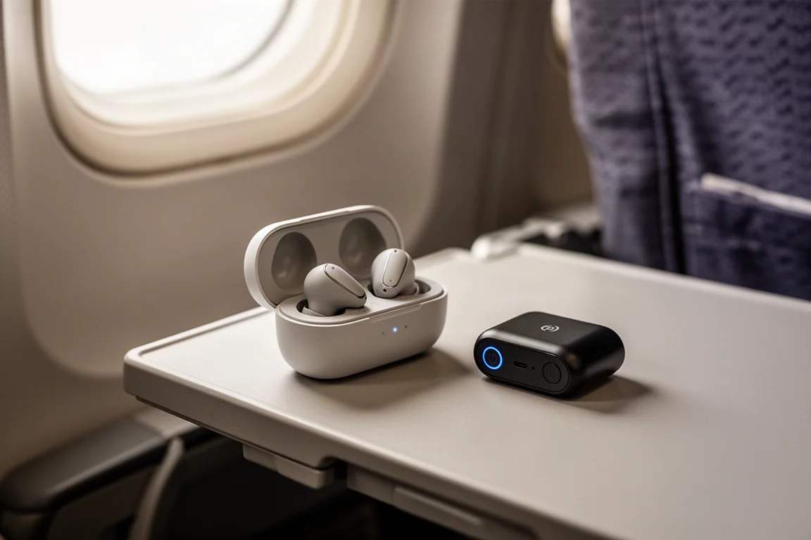 Draadloze earbuds en een kleine Bluetooth-adapter op een vliegtuigappenbladtje