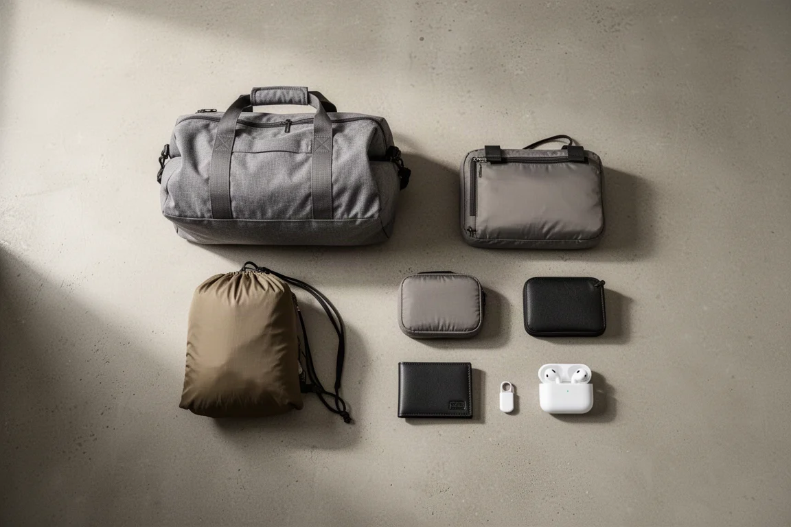 Flat-lay sprzętu do podróży one bag, w tym duffel, plecak dnia, saszetki i małe akcesoria