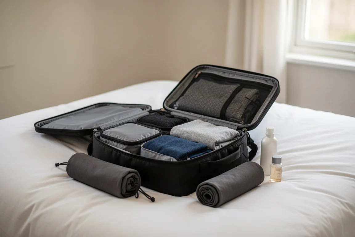 Sac de voyage ouvert sur un lit de maison d'hôtes avec des cubes de rangement et des vêtements pliés à l'intérieur