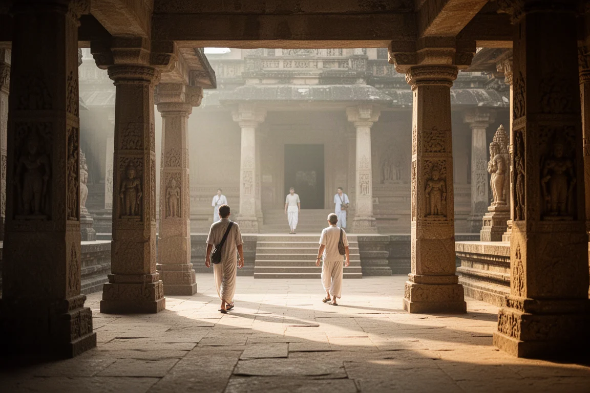 Voyageurs en pantalon léger traversant la cour ombragée d'un temple en pierre sous la lumière de l'après-midi