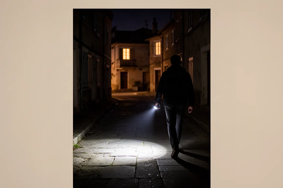 Cône de lumière blanche projeté par une lampe torche portée au poignet dans une rue non éclairée la nuit