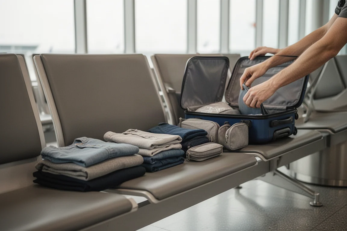 Mains en train de refaire un bagage cabine sur un banc d'aéroport, vêtements et pochettes étalés